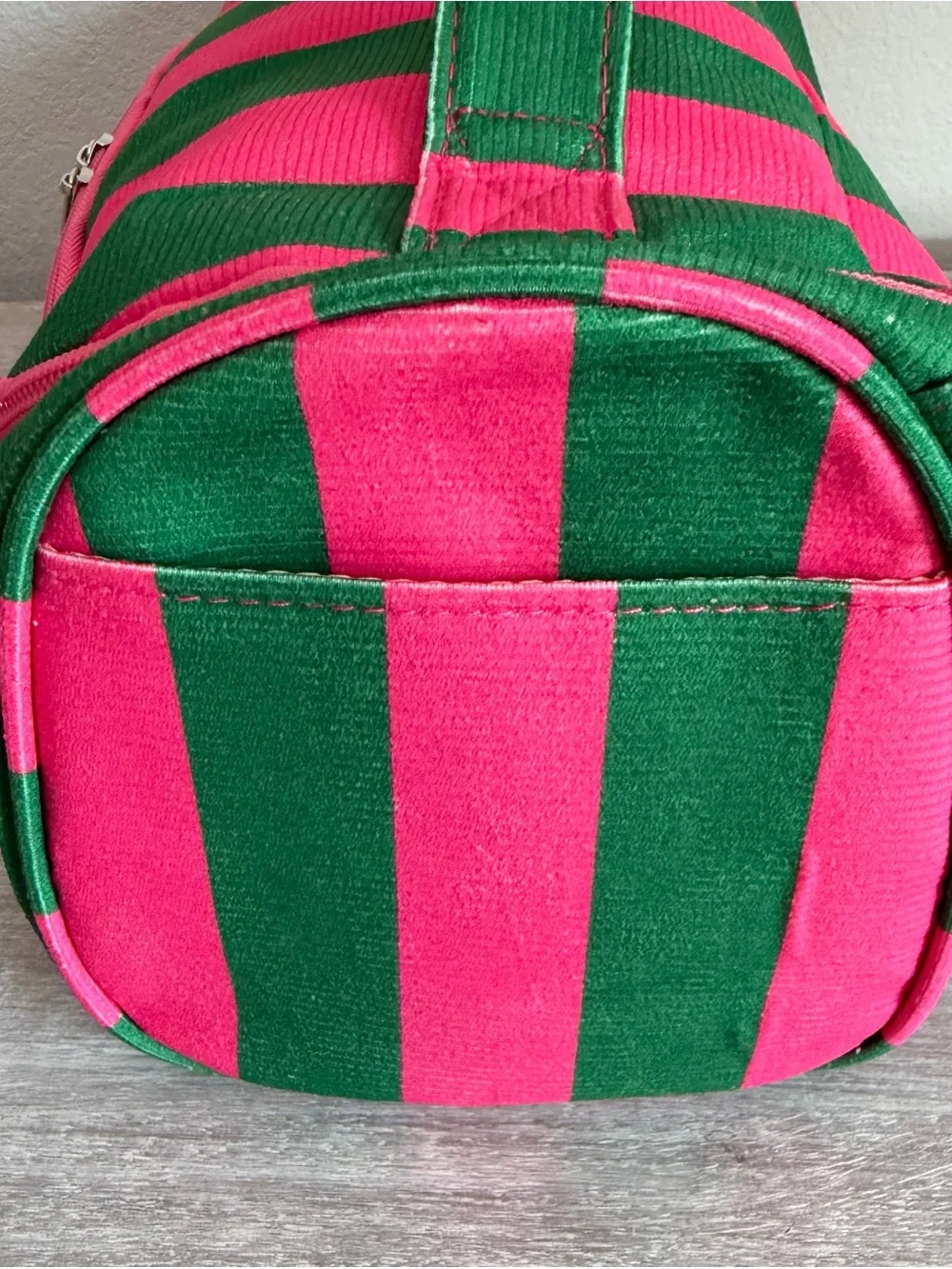 Hot Pink Green Striped Zip Large Handle Canvas Cosmetic Bag Tote Case Pocket